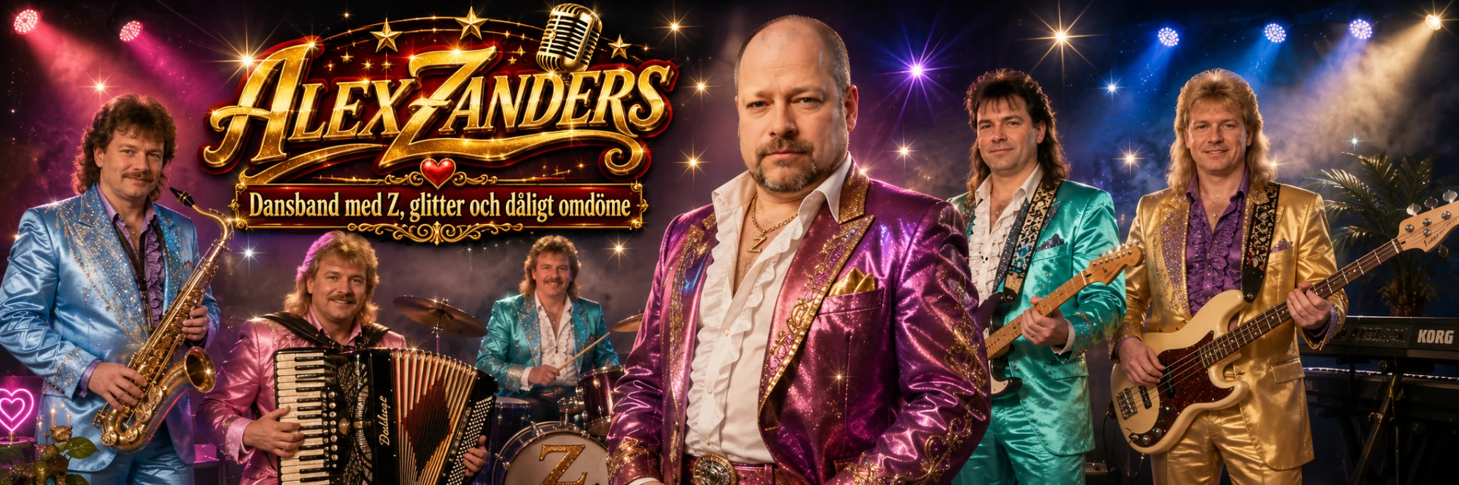 AlexZanders-bandet på scen i färgglada dansbandskostymer